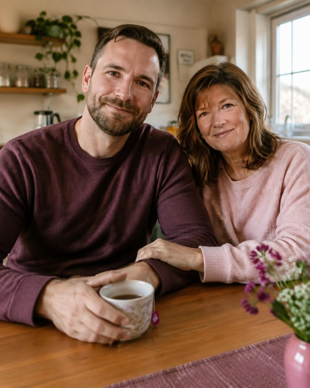 Man and a supportive loved one sitting together at a kitchen table at home